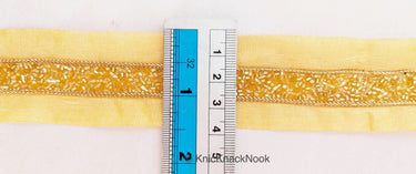 Wholesale Beige Fabric Trim With Gold Seed Beads And Gold Bugle Beads, Beaded Trim,